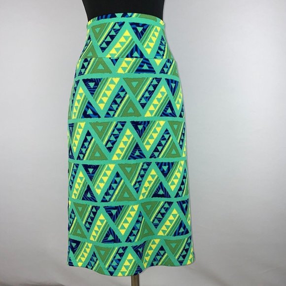 LuLaRoe Cassie L Green Yellow Blue Geometric Pattern Pencil Skirt NWT - Picture 1 of 13